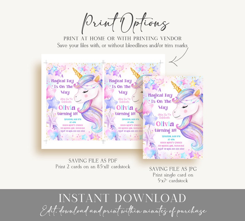 Unicorn Birthday Invitation Magical Editable Unicorn Birthday Invite Unicorn Party Invitation Unicorn Thank You Tag Printable Invitation