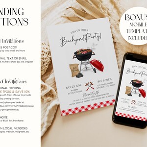 BBQ party invitation shown in both printed and digital formats with a phone mockup and detailed sending options. The editable design includes a charcoal grill, red lid, and gingham accents for a festive summer look. Buyers can choose to print at home, order through professional printers, or send as an evite instantly. A versatile backyard invitation template perfect for birthdays, cookouts, and casual gatherings.