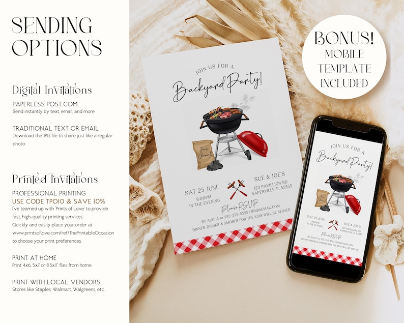 BBQ party invitation shown in both printed and digital formats with a phone mockup and detailed sending options. The editable design includes a charcoal grill, red lid, and gingham accents for a festive summer look. Buyers can choose to print at home, order through professional printers, or send as an evite instantly. A versatile backyard invitation template perfect for birthdays, cookouts, and casual gatherings.