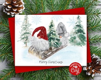 EDITABLE Santa Gnome Christmas Personalize Greeting Cards, Santa Gnome Holiday Cards, Christmas Cards, Printable Gnome Card INSTANT DOWNLOAD