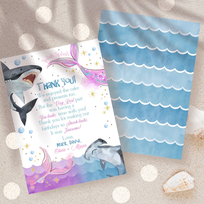 EDITABLE Sharks and Mermaids Printable Thank You Card, Sharks and Mermaids Thank You, Brother Sister Joint Sibling, Instant Download SH1 image 3