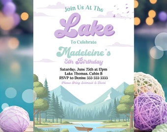 Girl's Lake Birthday Party Invitation Girl's Purple Boat Lake Birthday Party Summer Lake Water Party Join Us At The Lake Party Invite L1F