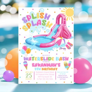 Printable Water Slide Birthday Splash Party Invitation Pink ANY AGE Editable Waterslide Birthday Bash Invitation Waterslide Digital W7a