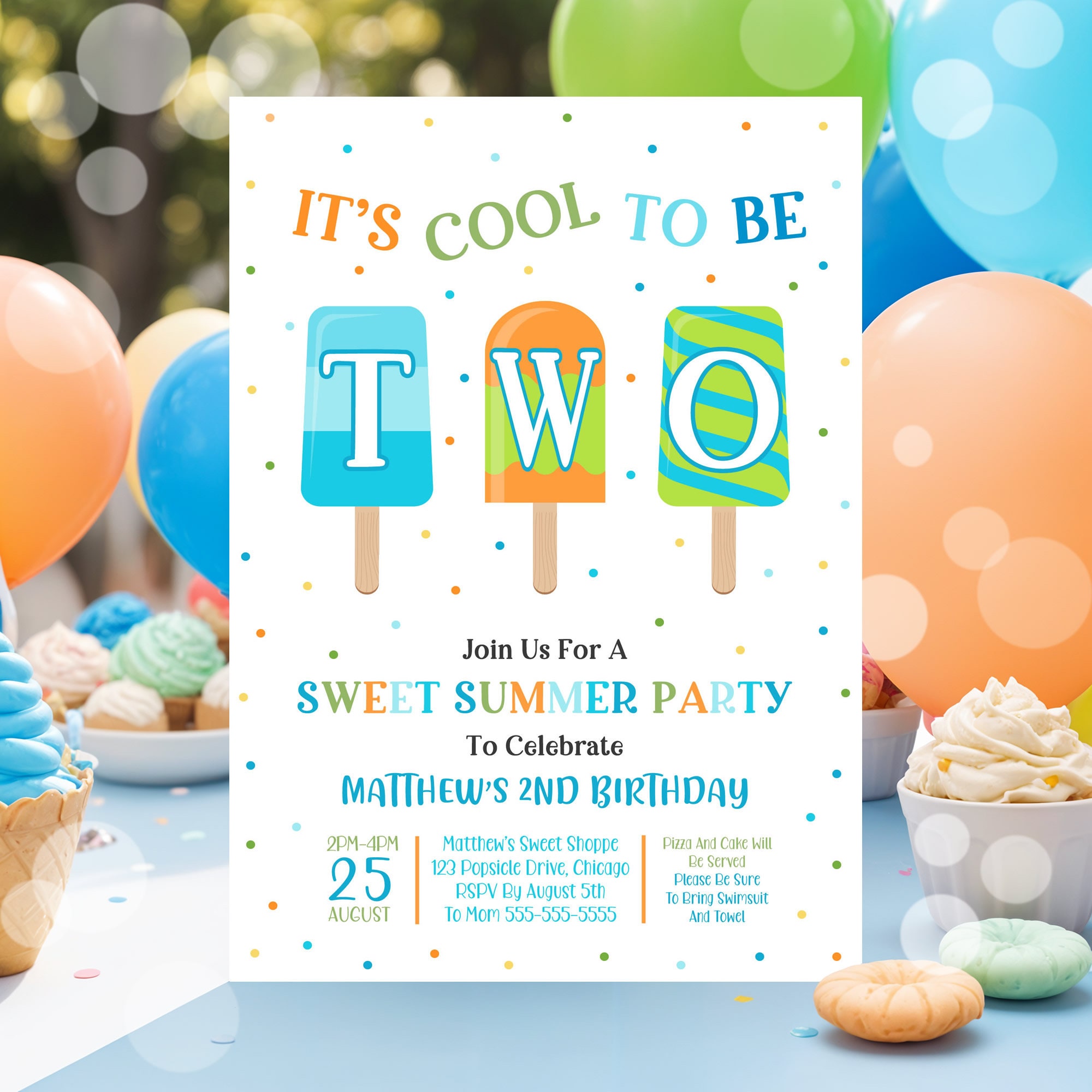 Two Cool Editable Two Cool Popsicle Birthday Invitation Popsicle 2nd Birthday ...