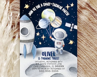 Outer Space First Birthday Invitation Editable Galaxy Space-Tacular Invitation Printable First Trip Around The Sun Space Birthday Invite SP1