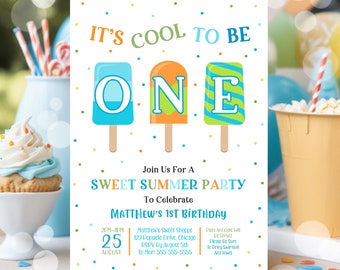 Popsicle 1st Birthday Invitation It's Cool to be ONE Invitations Sweet Celebration Boy Popsicle Invite, Editable Summer Birthday Invites PS1