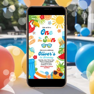 Boys One in the Sun Evite Boy Pool Party Mobile Invitation First Birthday Tropical Summer Beach Theme 1st Birthday Digital Download P9A