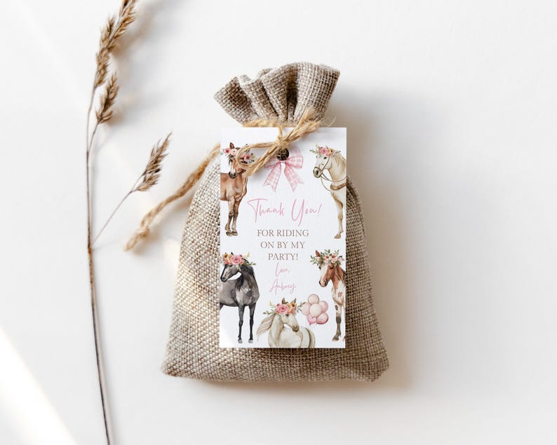 Editable Horse Thank You Card Girl Pony Party Thank You Pink Bow ...