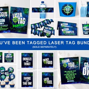 May include: A laser tag party printable bundle featuring blue and green laser beam graphics, target icons, and text including You've Been Tagged, Laser Tag Party, Mission Complete, Zap Energy Juice, Energize Your Thirst, and Game Over.