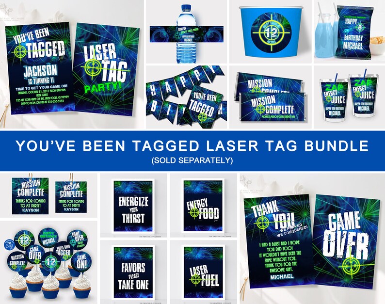 May include: A laser tag party printable bundle featuring blue and green laser beam graphics, target icons, and text including You've Been Tagged, Laser Tag Party, Mission Complete, Zap Energy Juice, Energize Your Thirst, and Game Over.