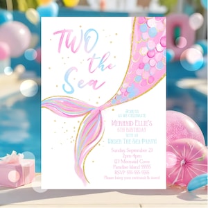 Editable Mermaid Two The Sea 2nd Birthday Invitation Purple Blue Gold Whimsical Mermaid Under The Sea 2nd Birthday Instant Download MP1