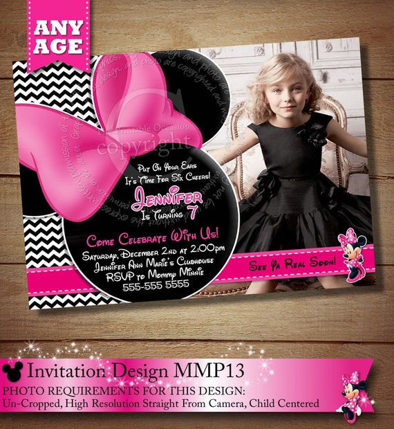 Black Chevron Minnie Mouse Photo Invitation, Pink Minnie Mouse Photo Invitation, Printable Invitations, Minnie Birthday Invitations MMPB Il_570xn