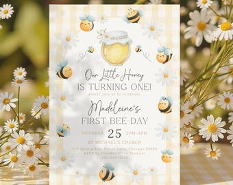 Bee 1st Birthday Invitation First Bee Day Birthday Editable Template Daisy Bee Honey Bumblebee Invite Girl Our Little Honey 1st Birthday BE3