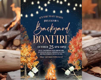 Editable Fall Bonfire S’mores Invitation Backyard Campfire Party Invite Autumn Firepit Birthday Printable Rustic Outdoor Invite Canva BG2