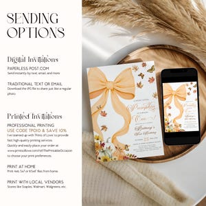 May include: A digital and printed invitation for a first birthday. The invitation features a large orange bow, butterflies, and fall leaves. The text reads "A Sweet Little Pumpkin is Turning One!" and includes the date.