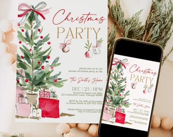 May include: A Christmas party invitation card and a smartphone displaying the same design. The invitation features a watercolor Christmas tree, red and pink gift boxes, and text reading Christmas PARTY, The Smith's Home, DEC 23, 8PM.