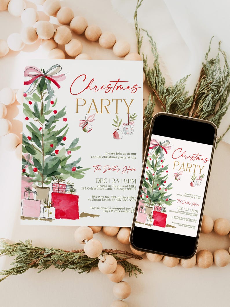Elegant watercolor Christmas party invitation featuring a greenery Christmas tree with red berries, pink ribbon, hanging ornaments and wrapped gifts. Red script and gold lettering create a festive holiday design. Printed invitation is displayed beside a smartphone showing the matching digital invite. Soft ivory background with natural wooden beads and evergreen branches creates a modern Christmas stationery presentation.
