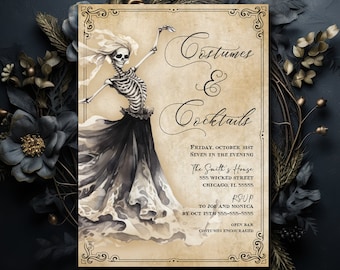 Skeleton Cocktails and Costumes Halloween Party Invitation, Gothic Halloween Cocktails Party Invitation, Halloween Costume Party Invite S1