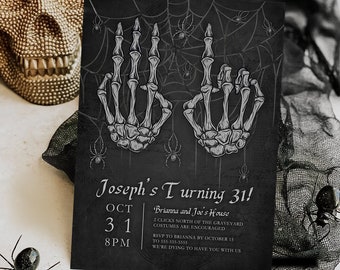 31st Birthday Halloween Invitation Vintage Skeleton Hands 31st Birthday Party Evite Printable Gothic 31st Birthday Halloween Invite H3