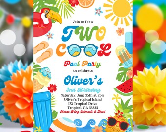 EDITABLE Two Cool Birthday Party Invitation Tropical Splish Splash Summer Boy's 2nd Birthday Party Pool Party Birthday Instant Download P9A