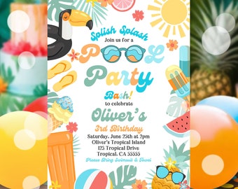 EDITABLE Pool Party Invitation Tropical Splish Splash Girly Pool Party Invitation Summer Swimming Pool Splash Pad Party Instant Download PZ