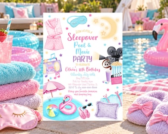 Pool Party Birthday Invitation Girl Sleepover Pool Party Invite Pink Pajama Party Tween Teen Editable Corjl Template Printable SO1