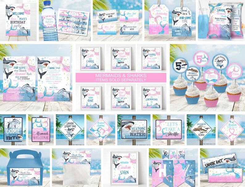 Op de afbeelding: Een verzameling feestartikelen met zeemeermin- en haaienthema's in roze en blauw. Items zijn onder meer uitnodigingen, cupcake-toppers, borden, banners en bedankdoosjes. De ontwerpen tonen een cartoonhaai en zeemeerminstaarten.