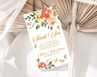 Butterfly and Floral Thank You Tags Template, Orange and Yellow Butterfly Baby Shower Favor Tags Template, Orange Floral Baby Shower Tags B4