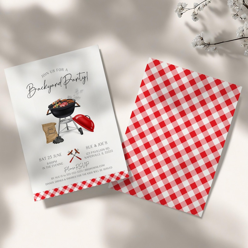 Editable barbecue birthday invitation template featuring grill and charcoal artwork with a red gingham border on the front and matching gingham design on the back. This set is perfect for summer cookouts, backyard birthdays, or casual outdoor celebrations. The listing includes both a printable invite and digital evite for flexible use. Stylish and practical, this design makes sending party details quick and easy.