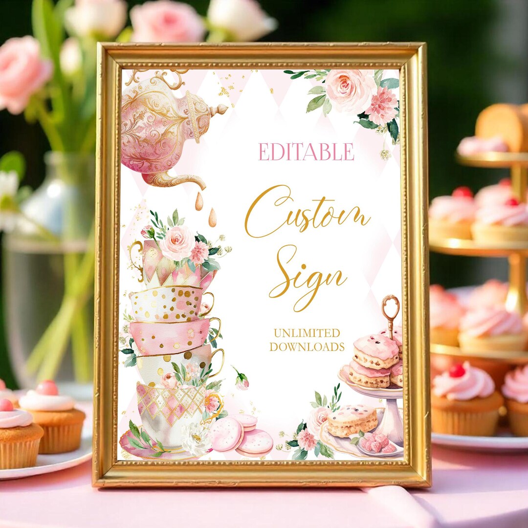 EDITABLE Tea Party Table Sign Template Birthday Par-tea Pink Gold ...