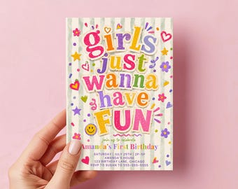 Puede incluir: Una tarjeta de invitación de cumpleaños rectangular con un fondo de rayas gris claro y blanco. El texto dice girls just wanna have fun, join us to celebrate Amanda's First Birthday, Saturday July 25th, 2pm-5pm, Amanda's house, 123 Birthday Lane, Chicago, RSVP to Susan to 555-555-5555. El diseño incluye corazones, estrellas, flores y una cara sonriente de colores.
