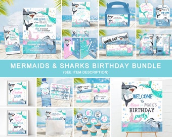 Editable Sharks and Mermaids Invitation Bundle Swim Pool Party Sharks and Mermaids Birthday Invitation for Twins Siblings Pool Party SH3