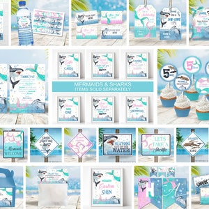 May include: A set of printable party decorations for a shark and mermaid themed party. The set includes invitations, thank you cards, cupcake toppers, signs, and a banner. The colors are blue, green, pink, and white.
