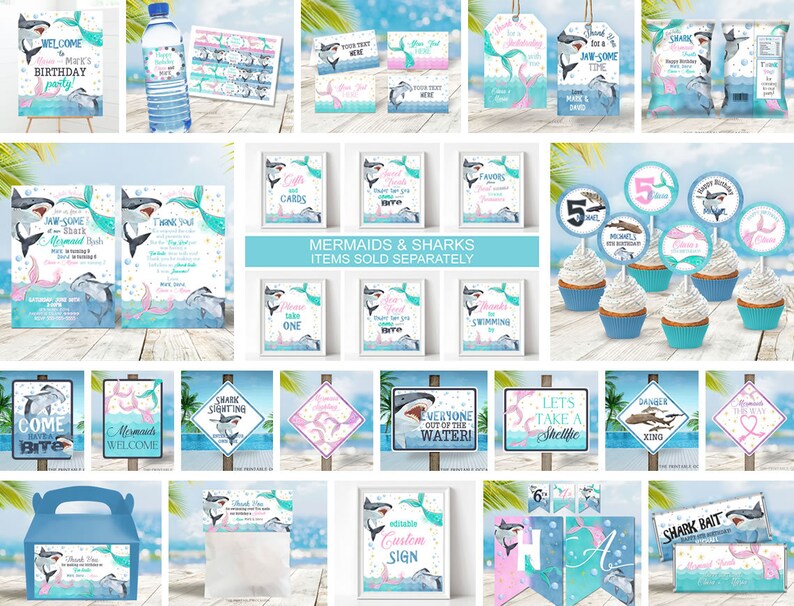 May include: A set of printable party decorations for a shark and mermaid themed party. The set includes invitations, thank you cards, cupcake toppers, signs, and a banner. The colors are blue, green, pink, and white.
