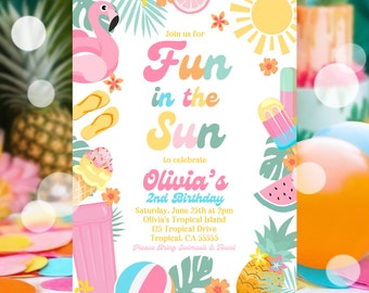 EDITABLE Fun In The Sun Birthday Party Invitation Tropical Summer Splish Splash Girly Pool Birthday Party Instant Download P4