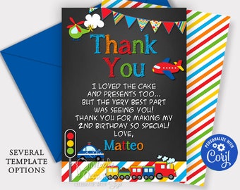 EDITABLE Transportation Thank You Card, Transportation Birthday, Cars Trucks Planes Thank You Transportation Party Instant Download T1