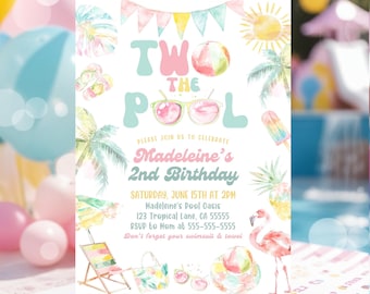 Editable Two the Pool 2nd Birthday Pool Party Invitation Girl Pink Mint Pool Party Splash Party Invite Digital Splash Pad Canva Template PP2