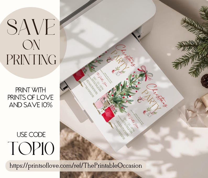 Print setup mockup showing two red bow Christmas party invitations emerging from a home printer. The printable holiday invitation design includes a watercolor Christmas tree, gift boxes, and gold lettering, surrounded by festive décor and evergreen branches for an elegant winter aesthetic.