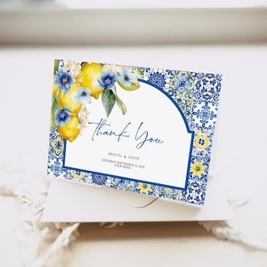 Blue Tiles Lemon Thank You Card Template, Italian Thank you card, Mediterranean Thank You, Folded, Printable, Instant Download MT2