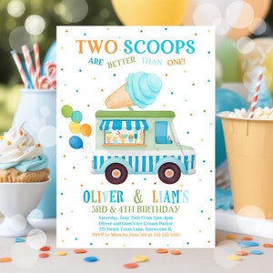 Editable Ice Cream Truck Twin Birthday Invitation Twin Ice Cream Birthday Invitation Two Scoops Are Better Than One Twin Instant Downloa CE3