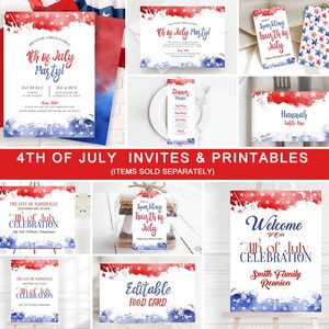 May include: A set of printable 4th of July party invitations and decorations. The designs feature a watercolor background with red, white, and blue stars. The text includes "4th of July Party!" and "Sparkling Fourth of July".