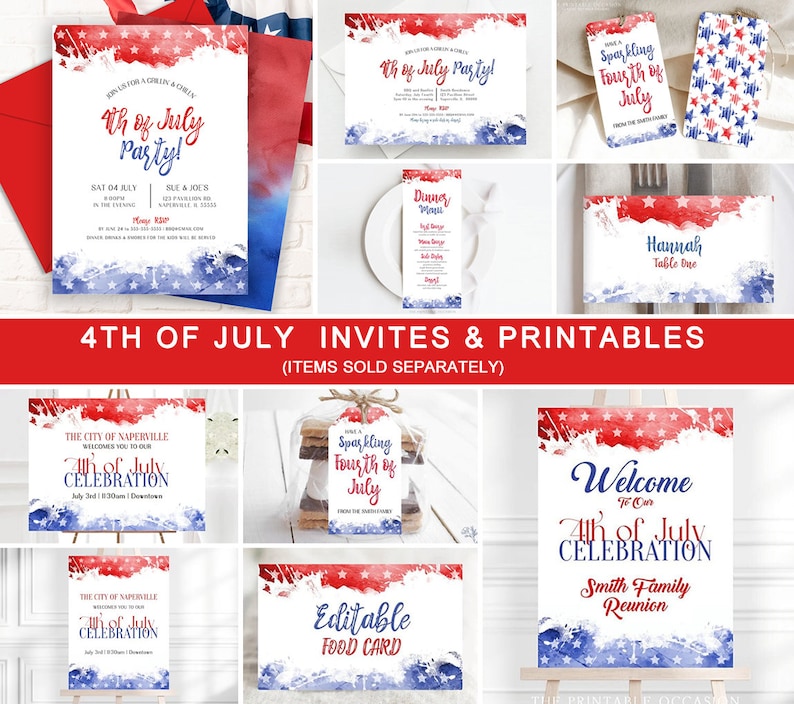 May include: A set of printable 4th of July party invitations and decorations. The designs feature a watercolor background with red, white, and blue stars. The text includes "4th of July Party!" and "Sparkling Fourth of July".