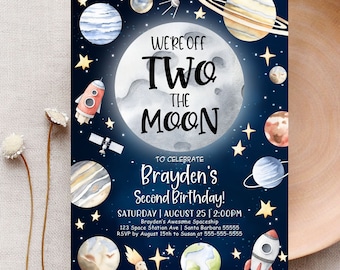 Outer Space Second Birthday Invitation Editable Galaxy We're Off Two The Moon Boy's Printable 2nd Birthday Party Invitation Corjl SP1