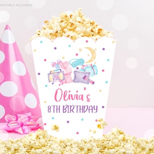 Slumber Party Popcorn Box, Editable Sleepover Birthday Popcorn, Box Printable Slumber Party Popcorn Box, Girl Spa Party Download Corjl SO1