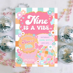 Girls Groovy 9th Birthday Invitation Template Nine Is A Vibe Checkered Smile Face Birthday Invite Editable Retro Birthday Emoji Canva TW3