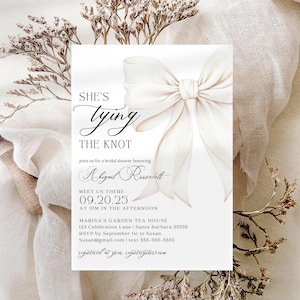 Cream Bow Bridal Shower Invitation Elegant She’s Tying the Knot Invite Printable Editable Template Classy Wedding Shower Design WB2