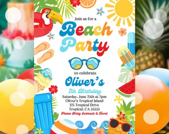 EDITABLE Beach Birthday Party Invitation Tropical Splish Splash Boy's Beach Party Invite Boys Summer Party At The Beach Instant Download P9A