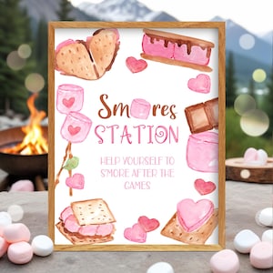 EDITABLE Smores Bar Station Sign Template Girl&#39;s Pink Smores Birthday Party Food Sign Printable Smores Table Sign Instant Download Corjl SM1