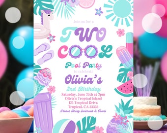 EDITABLE Two Cool Birthday Party Invitation Tropical Splish Splash Summer Girly 2nd Birthday Party Pool Party Birthday Instant Download P6