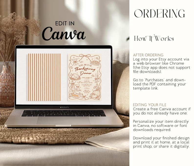 Thanksgiving invitation template displayed on a laptop beside ordering and editing instructions. The screen shows both the hand drawn Thanksgiving dinner invitation and its coordinating striped backside. The informational panel explains how customers access the template and personalize it in Canva. The neutral workspace keeps the focus on the editable invitation and ordering process.